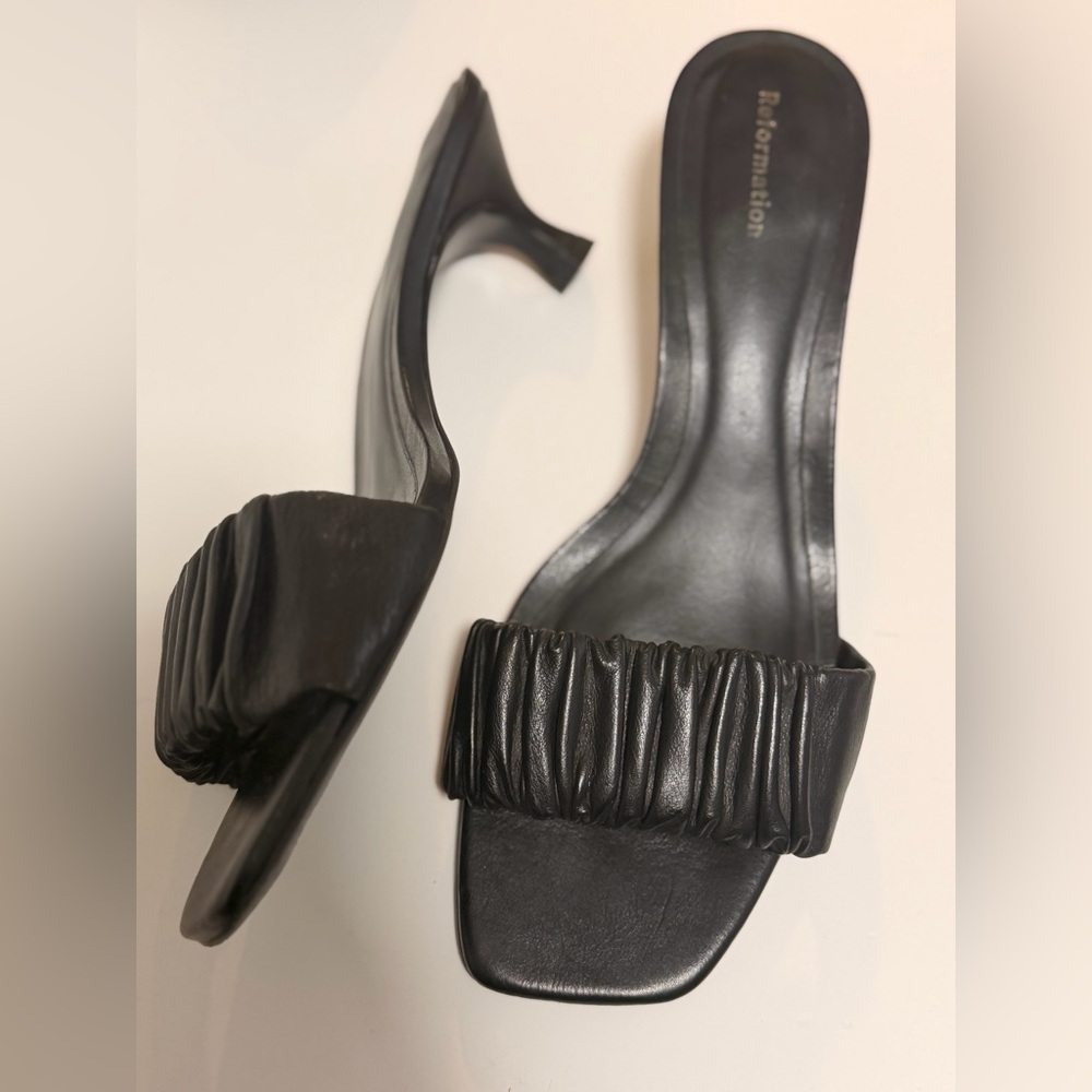 Reformation Ruched Black Leather Kitten Heeled Mules. Worn Twice.